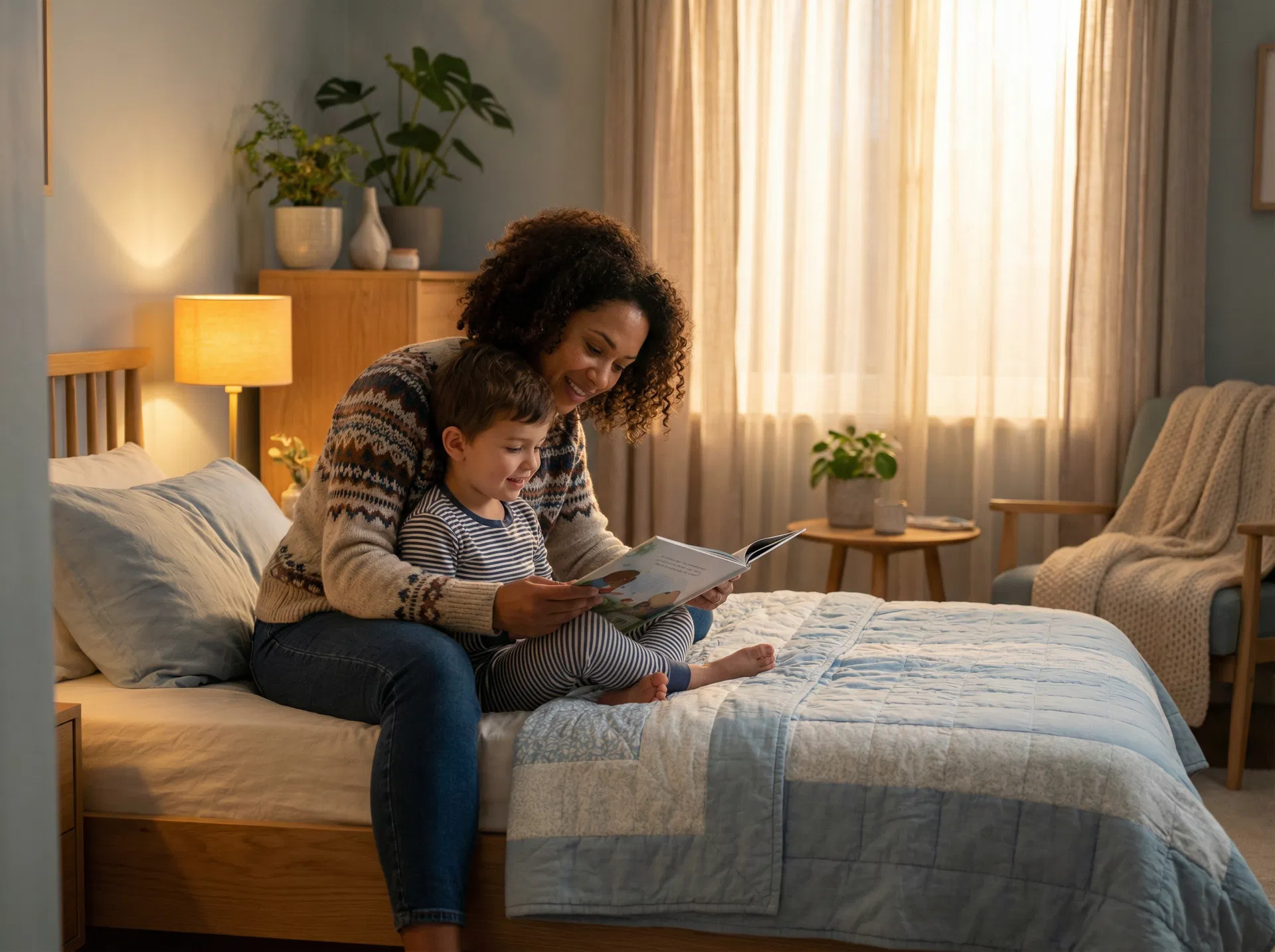A parent and child reading together at bedtime